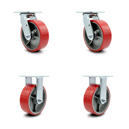 Service Caster 6 Inch Red Poly on Cast Iron Caster Set with Roller Bearings 2 Swivel 2 Rigid SCC-30CS620-PUR-RS-2-R620-2
